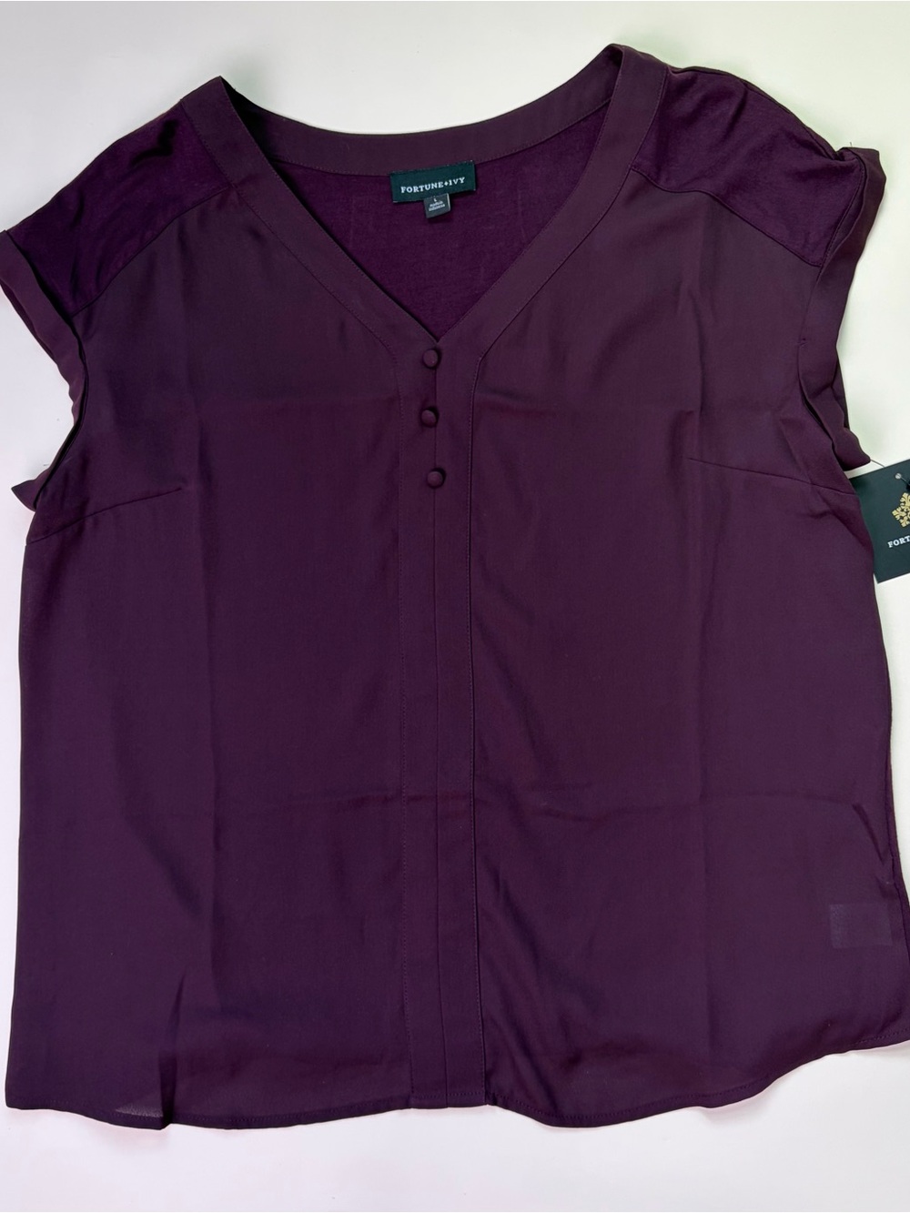 Fortune + Ivy Women's Dark Purple V-Neck Short Sleeve Blouse